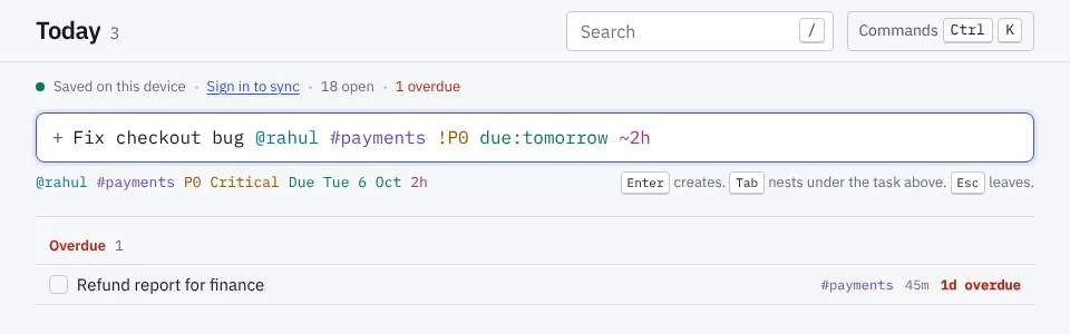 The capture line with a typed task, its markers in colour, and the preview of how it was read.