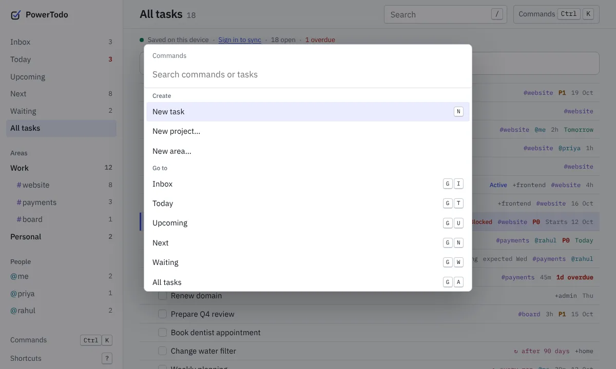 The command palette listing commands with their shortcuts.