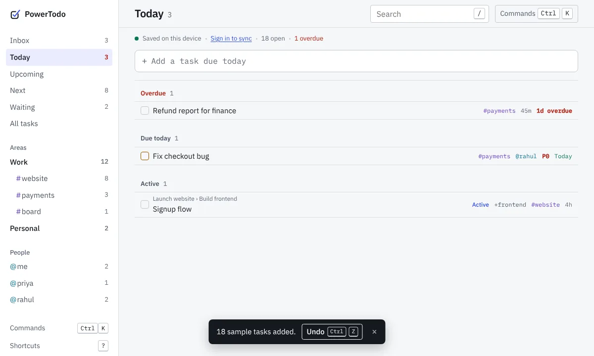 The Today view: overdue and due-today groups, with the sidebar of views, areas, projects and people.